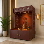 OM Swastika Symbol of Hindu Religious Floor Temple with Spacious Wooden Shelf & Inbuilt Focus Light- Brown Finish
