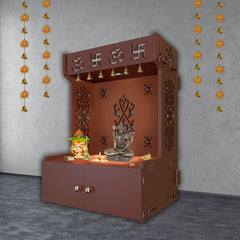 OM Swastika Symbol of Hindu Religious Floor Temple with Spacious Wooden Shelf & Inbuilt Focus Light- Brown Finish