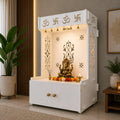 OM Swastika Symbol of Hindu Religious Floor Temple with Spacious Wooden Shelf & Inbuilt Focus Light- White Finish