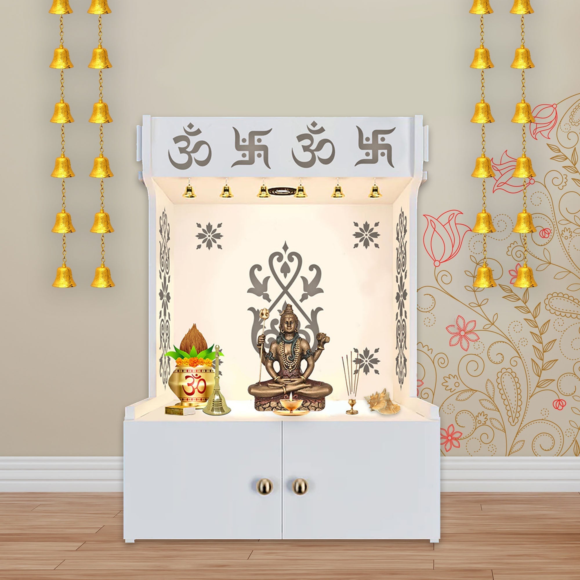 OM Swastika Symbol of Hindu Religious Floor Temple with Spacious Woode ...
