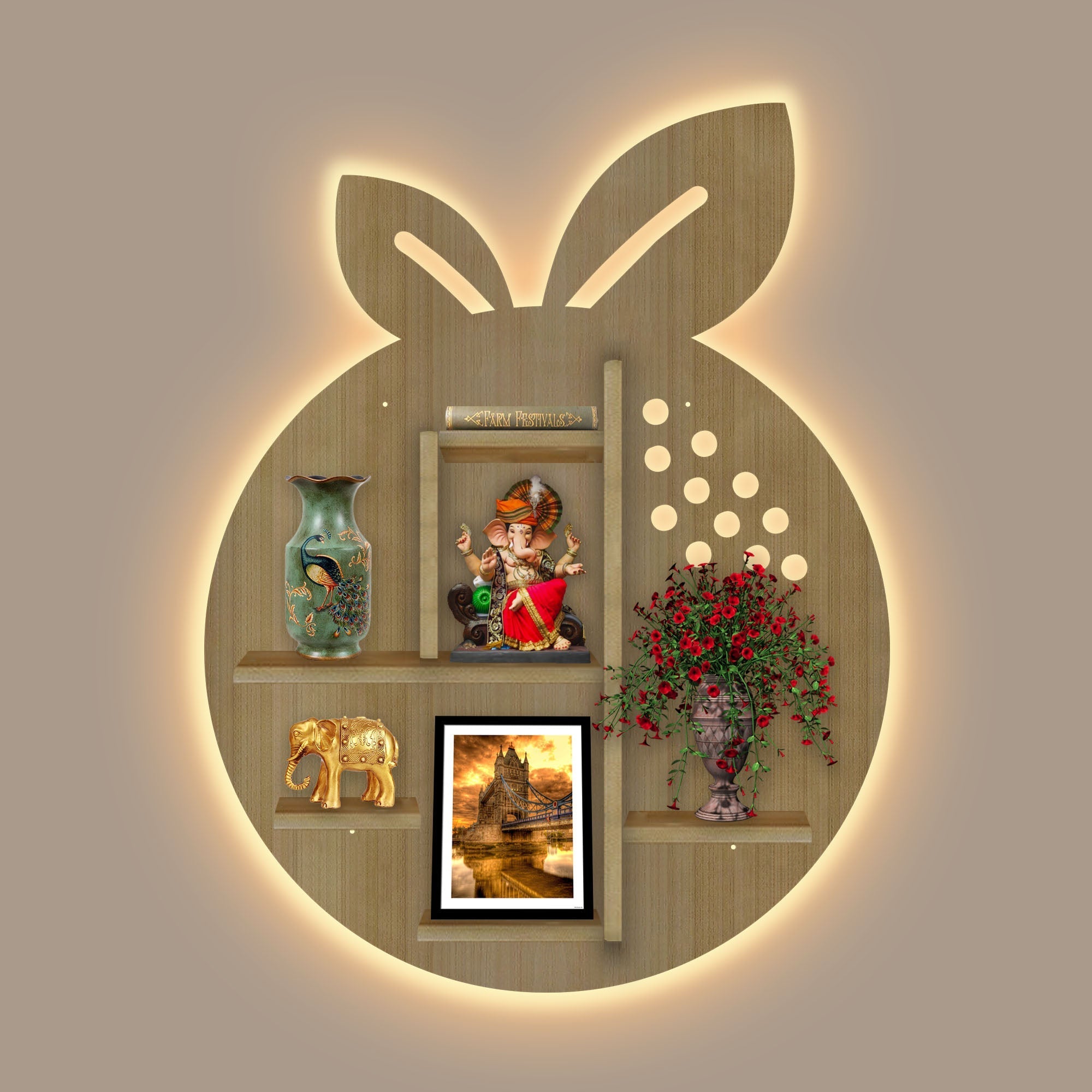 Orange Fruit Shape Wooden LED Light Wall Shelf with Oak Finish
