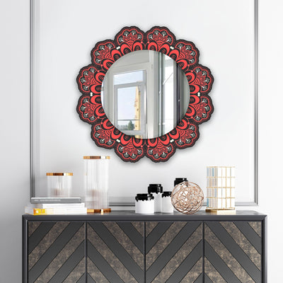 Ornamental Round Lace Red Flower Shape Printed Wall Mirror