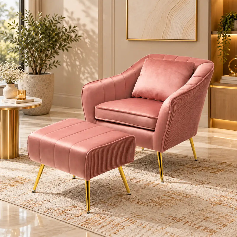 Peach Fluffy Super Comfy Luxury Velvet Accent Chair with Footrest