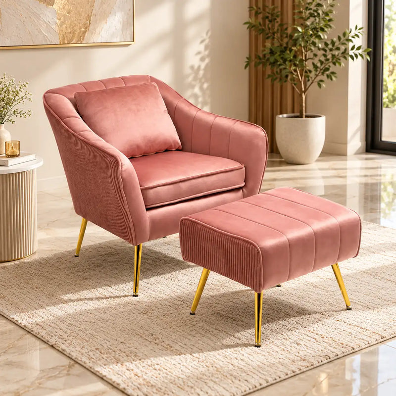 Peach Fluffy Super Comfy Luxury Velvet Accent Chair with Footrest
