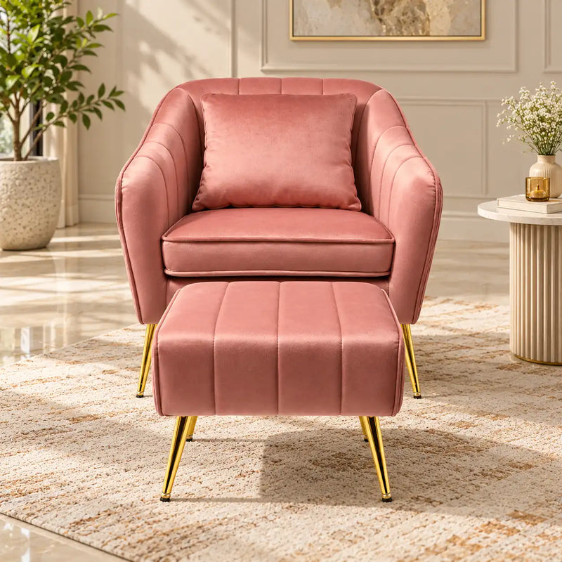 Peach Fluffy Super Comfy Luxury Velvet Accent Chair with Footrest