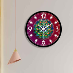 Peacock Feathers Pattern Maroon Background Designer Wall Clock