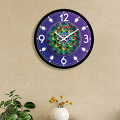 Peacock Feathers Pattern Purple Background Designer Wall Clock