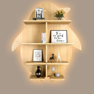 Penguin Backlit Designer Wooden Wall Shelf / Book Shelf / Night Light, Light Oak Finish