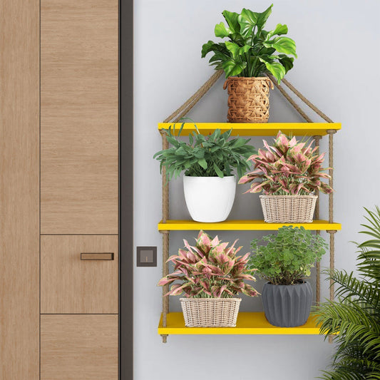 Planter Shelf Wooden Wall Hanging with Rope (Yellow Color)