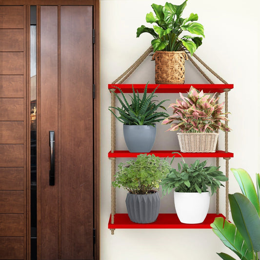 Planter Shelf Wooden Wall Hanging with Rope (Red Color)