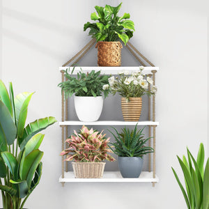 Planter Shelf Wooden Wall Hanging with Rope (White Color)