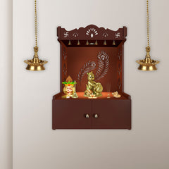 Premium Art of Mor Pankh Brown Wooden Temple for Home with Inbuilt Focus Light & Spacious Shelf