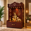 Premium Art of Mor Pankh Floor Temple with Spacious Wooden Shelf & Inbuilt Focus Light- Brown Finish