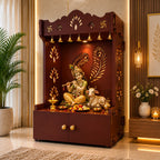 Premium Art of Mor Pankh Floor Temple with Spacious Wooden Shelf & Inbuilt Focus Light- Brown Finish