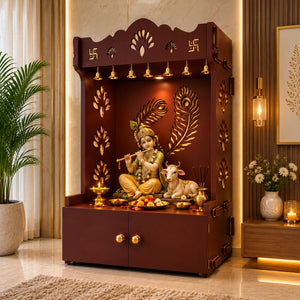 Premium Art of Mor Pankh Floor Temple with Spacious Wooden Shelf & Inbuilt Focus Light- Brown Finish