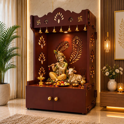 Premium Art of Mor Pankh Floor Temple with Spacious Wooden Shelf & Inbuilt Focus Light- Brown Finish