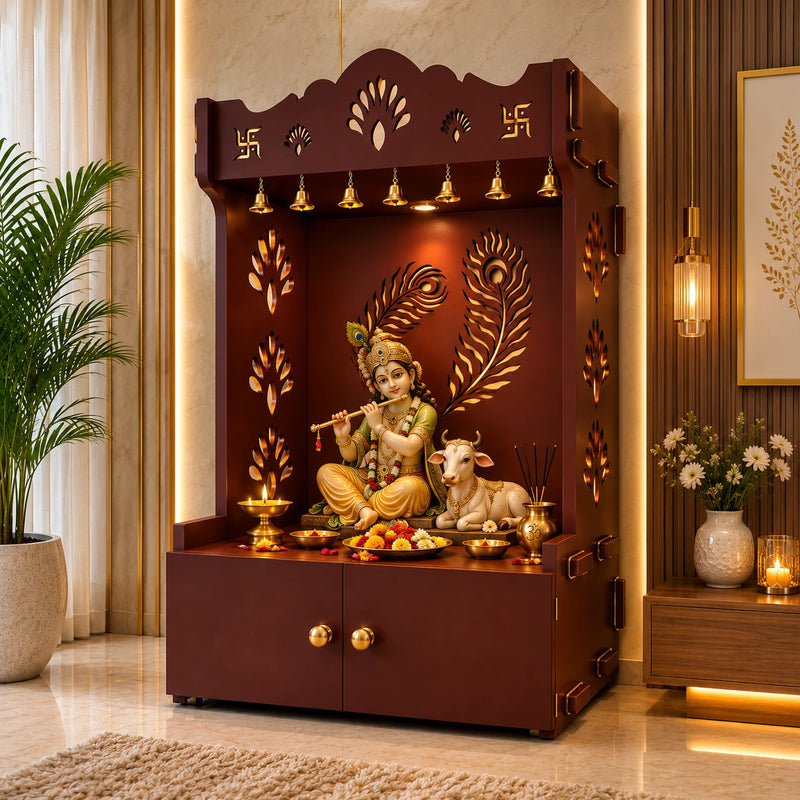 Premium Art of Mor Pankh Floor Temple with Spacious Wooden Shelf & Inbuilt Focus Light- Brown Finish