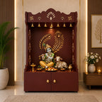 Premium Art of Mor Pankh Floor Temple with Spacious Wooden Shelf & Inbuilt Focus Light- Brown Finish
