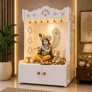 Premium Art of Mor Pankh Floor Temple with Spacious Wooden Shelf & Inbuilt Focus Light- White Finish