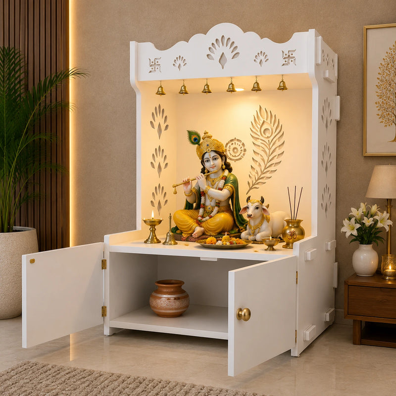 Premium Art of Mor Pankh Floor Temple with Spacious Wooden Shelf & Inbuilt Focus Light- White Finish