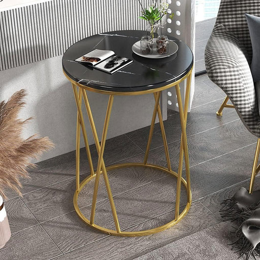 Premium Designer Round Shaped Golden Artistic Side Table with Black Marble