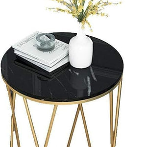 Premium Designer Round Shaped Golden Artistic Side Table with Black Marble