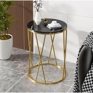 Premium Designer Round Shaped Golden Artistic Side Table with Black Marble