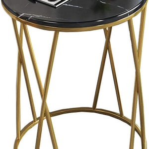 Premium Designer Round Shaped Golden Artistic Side Table with Black Marble