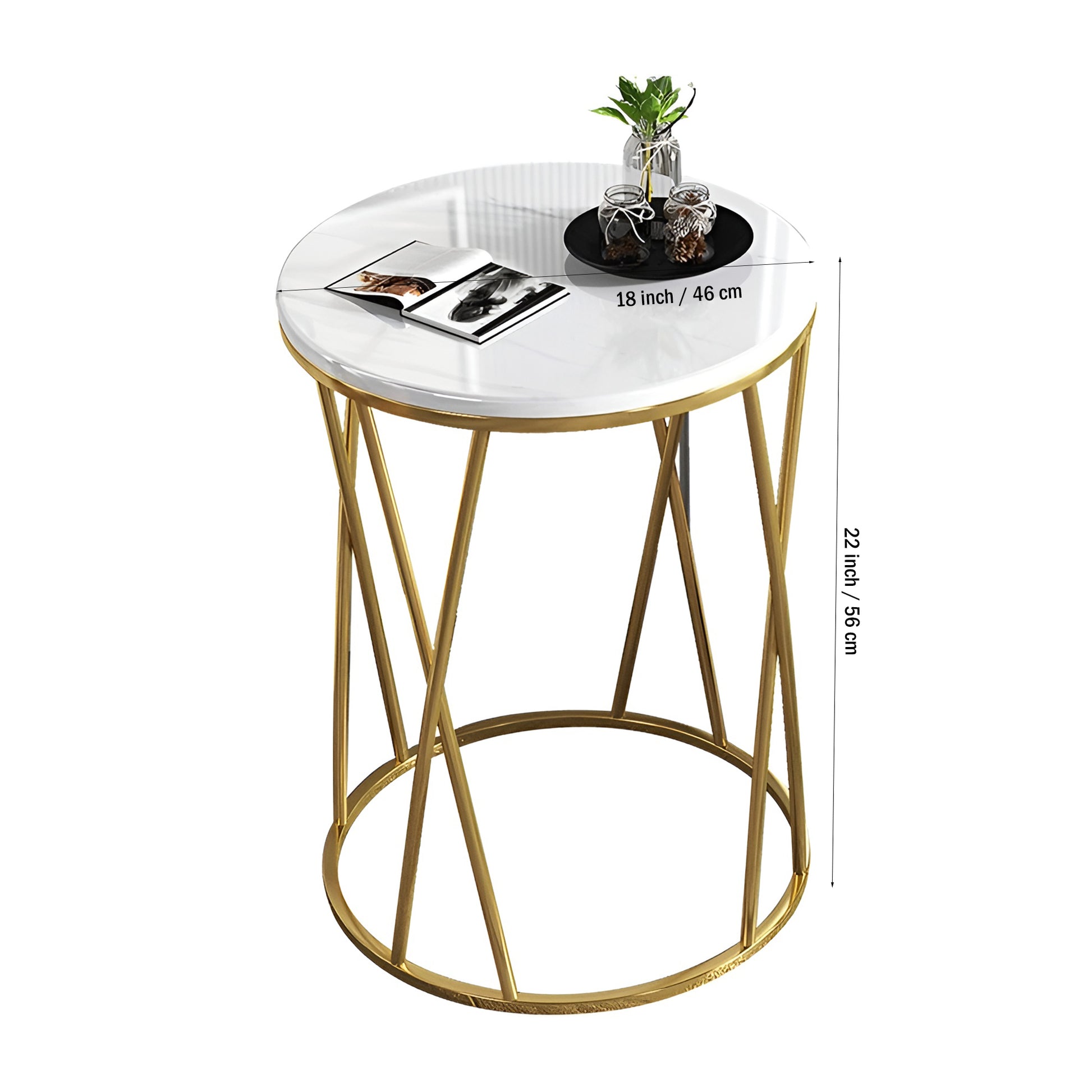 Premium Designer Round Shaped Golden Artistic Side Table with White Marble