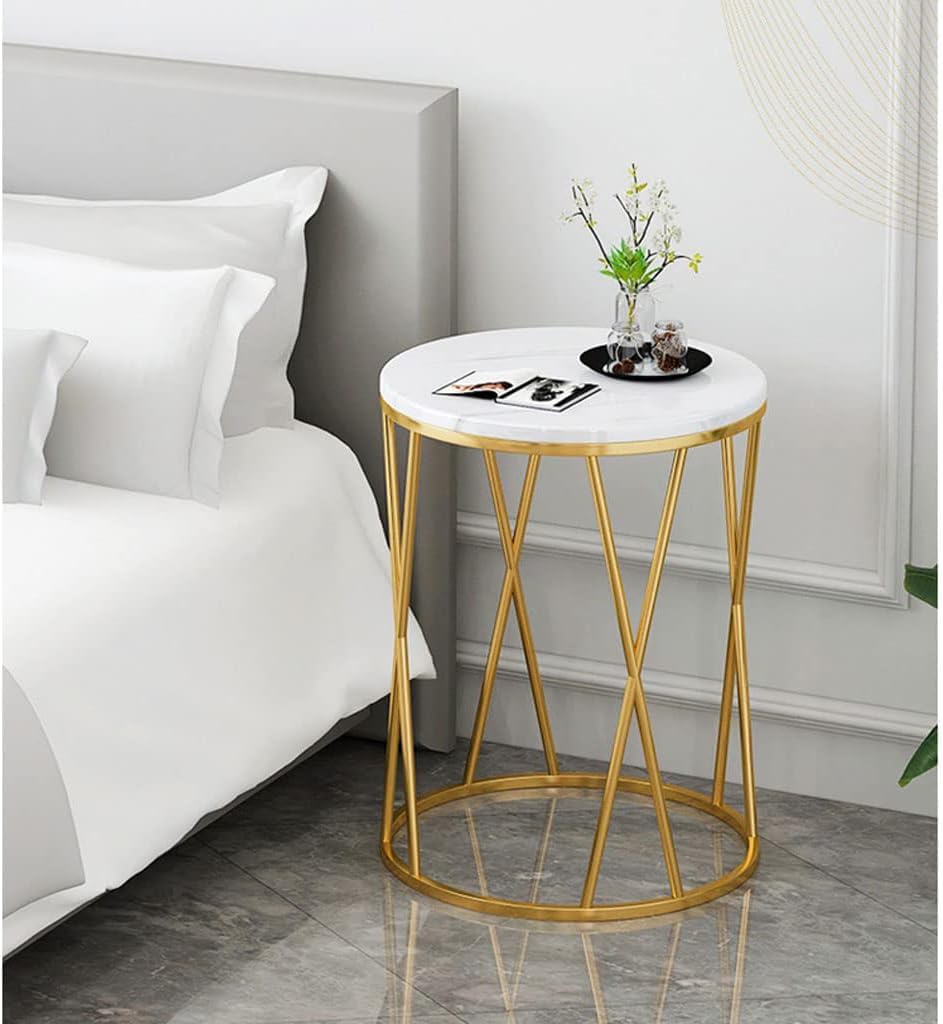 Premium Designer Round Shaped Golden Artistic Side Table with White Marble