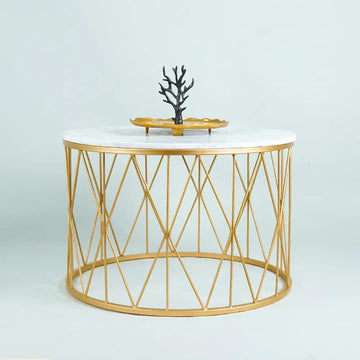 Premium Designer White Marble Round Shape Center Table in Criss Cross Pattern