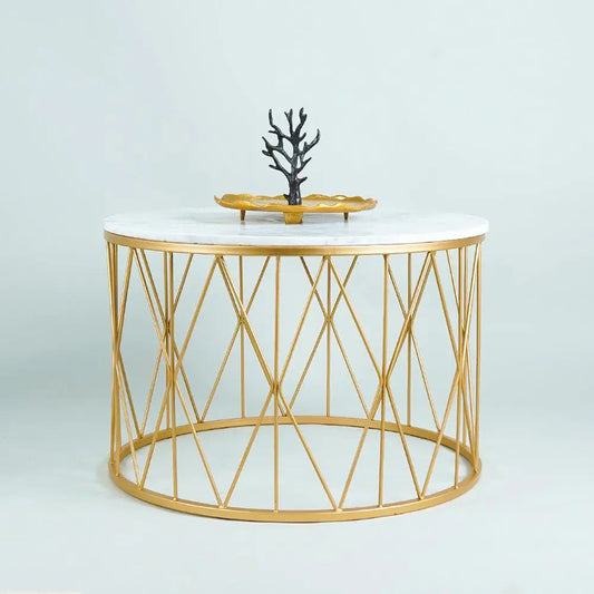 Premium Designer White Marble Round Shape Center Table in Criss Cross Pattern