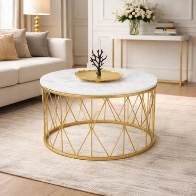 Premium Designer White Marble Round Shape Center Table in Criss Cross Pattern