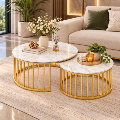 Premium Golden Caged with White Marble Table Set of 2