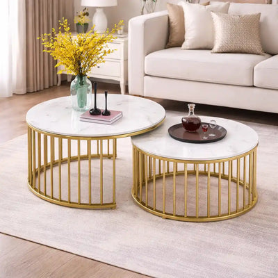 Premium Golden Caged with White Marble Table Set of 2