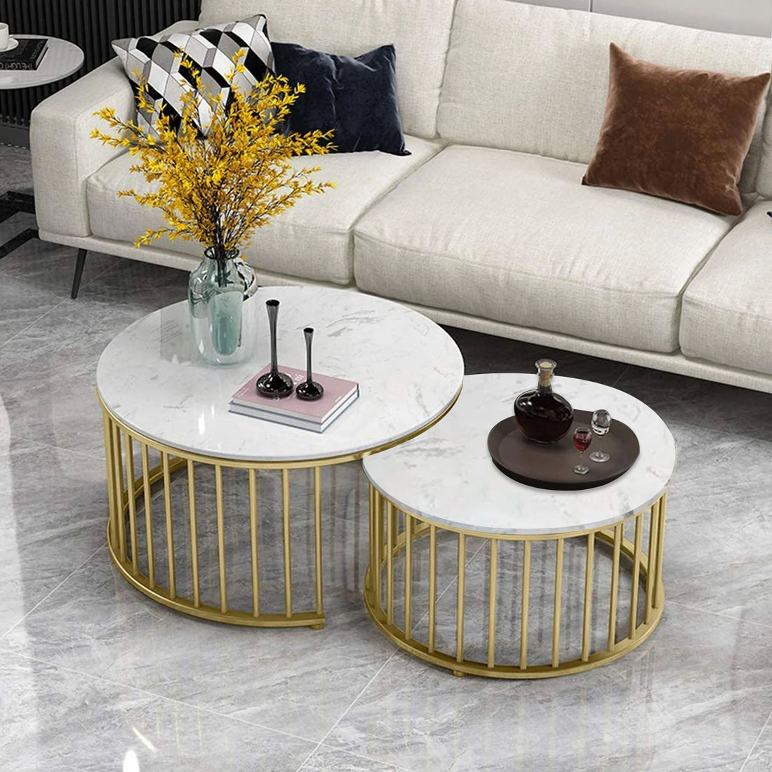 Premium Golden Caged with White Marble Table Set of 2