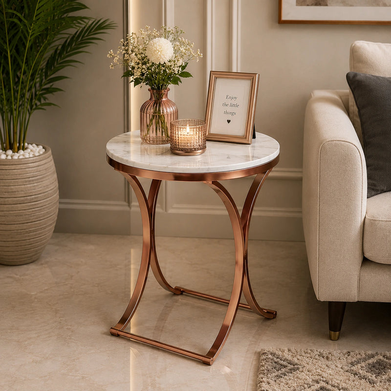 Premium Copper Metal Finish Coffee Side Table with Marble Top