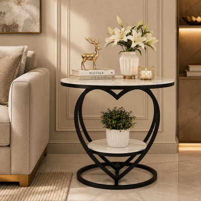 Premium Modern Heart Shaped Black Metal Finish with White Marble Night Stand Side Table