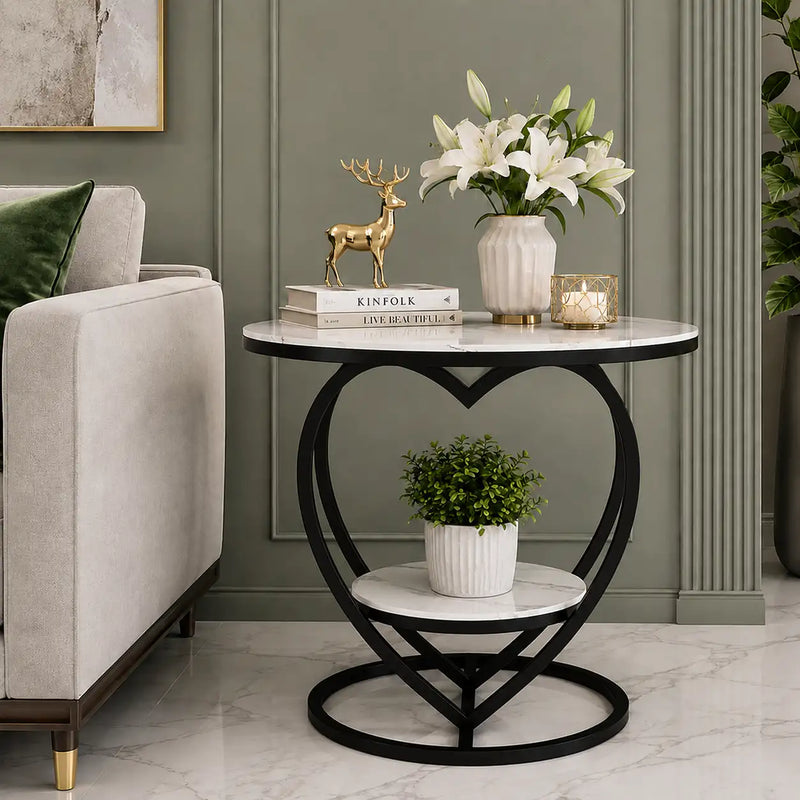 Premium Modern Heart Shaped Black Metal Finish with White Marble Night Stand Side Table