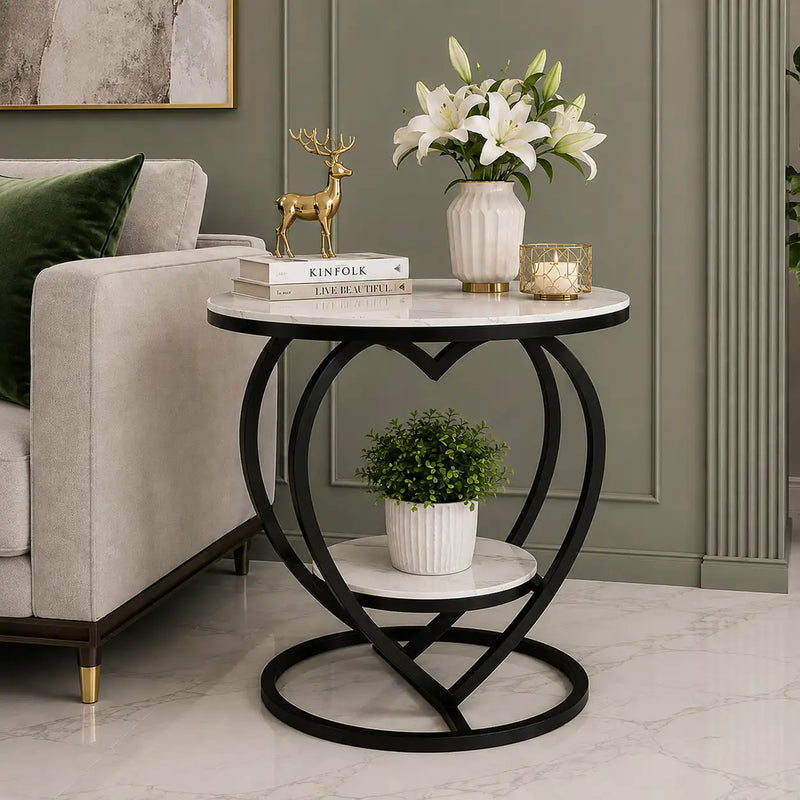 Premium Modern Heart Shaped Black Metal Finish with White Marble Night Stand Side Table