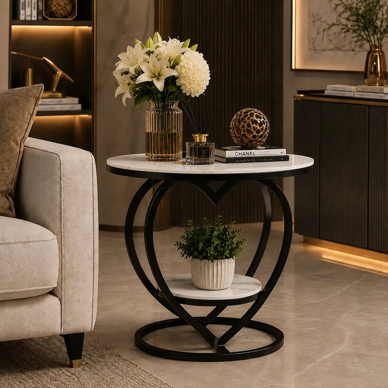 Premium Modern Heart Shaped Black Metal Finish with White Marble Night Stand Side Table