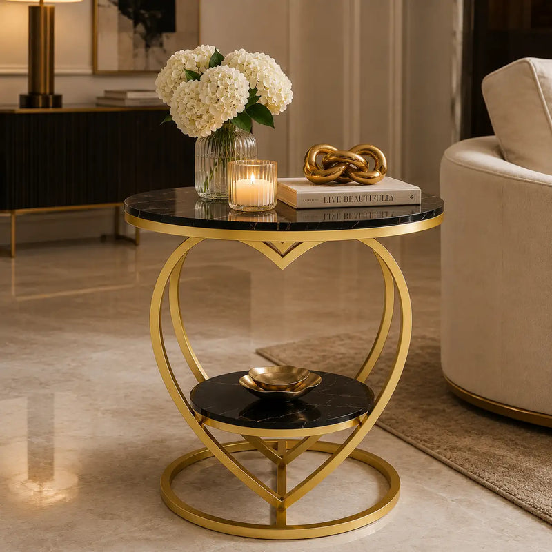 Premium Modern Heart Shaped Golden Metal with Black Marble Night Stand Side Table