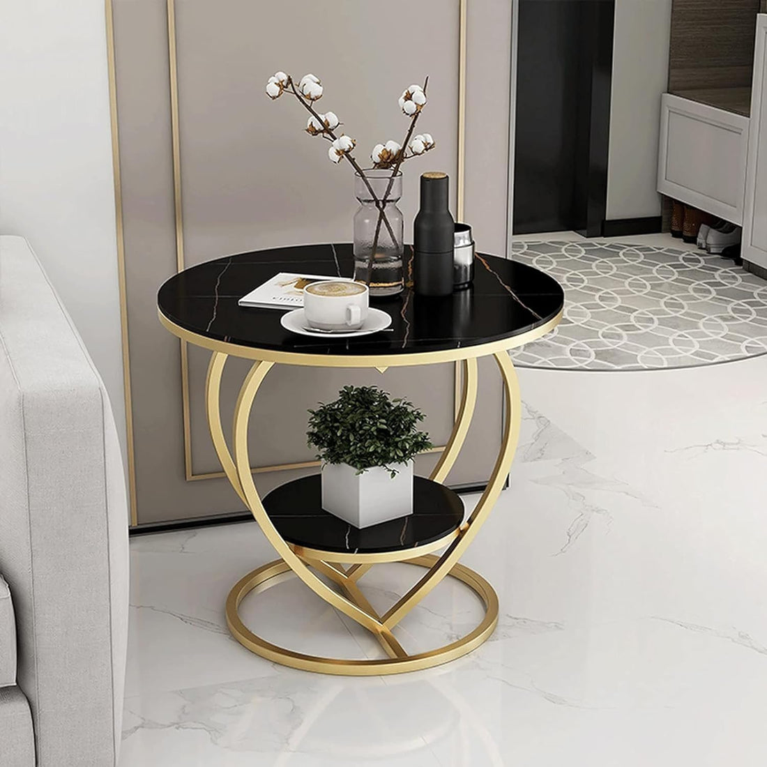 Premium Modern Heart Shaped Golden Metal with Black Marble Night Stand Side Table