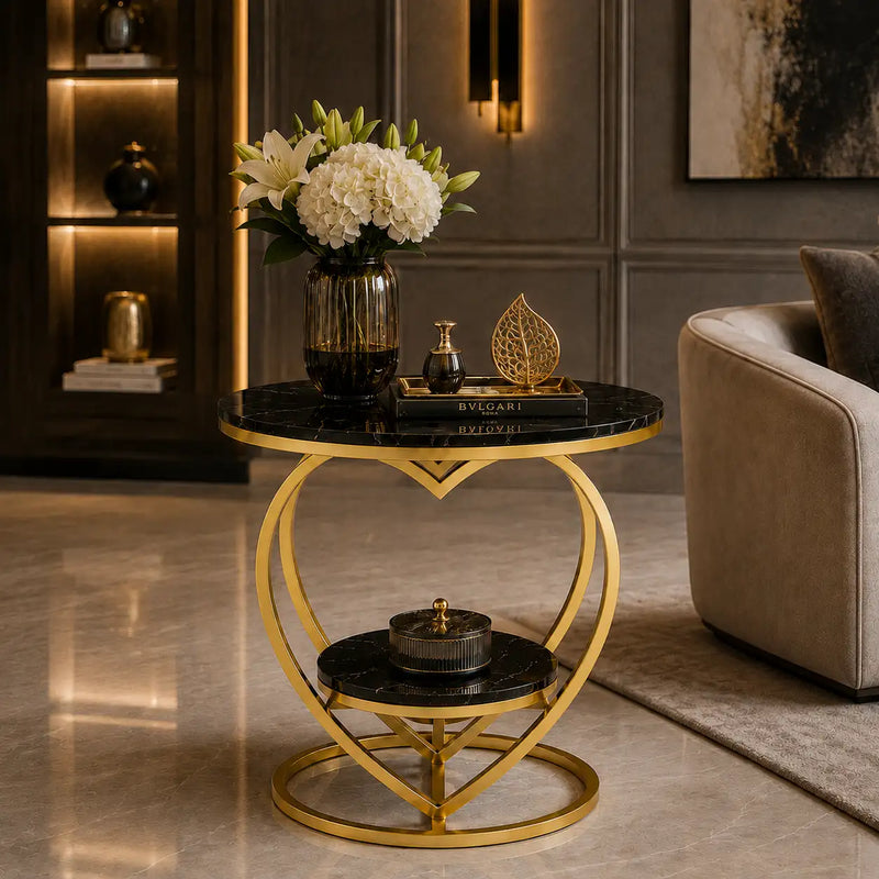 Premium Modern Heart Shaped Golden Metal with Black Marble Night Stand Side Table