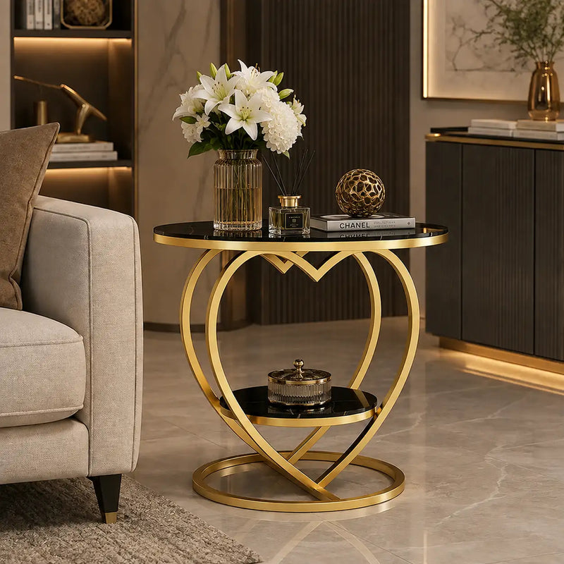Premium Modern Heart Shaped Golden Metal with Black Marble Night Stand Side Table