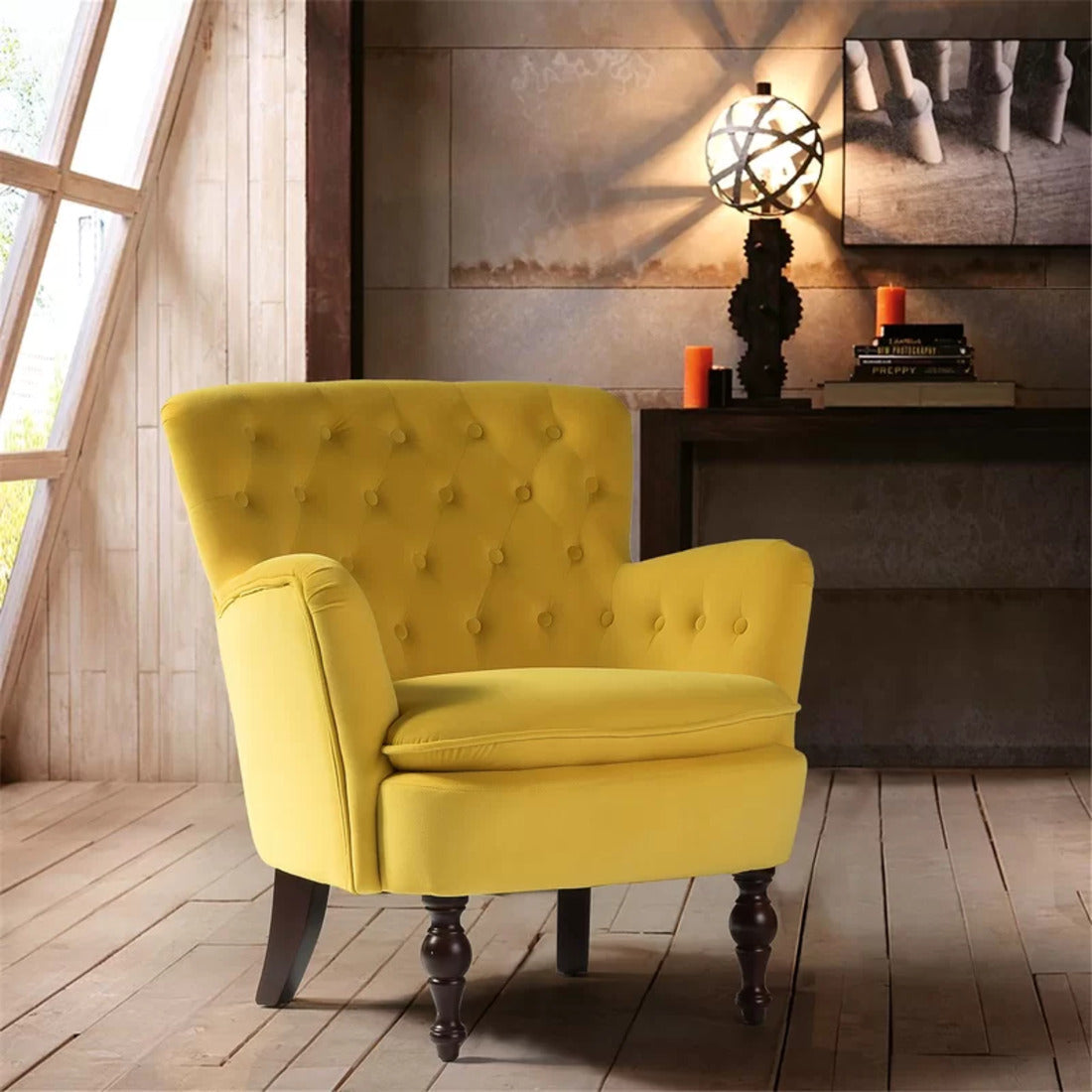 Premium Perfect Cushiony Tufted Super Comfy Yellow Velvet Sofa Lounge Chair