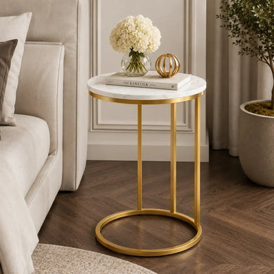 Premium Round Side Table for Small Spaces Nightstand with Golden Metal Finish