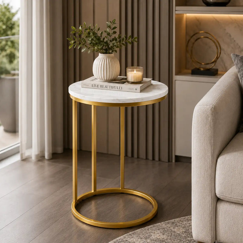 Premium Round Side Table for Small Spaces Nightstand with Golden Metal Finish