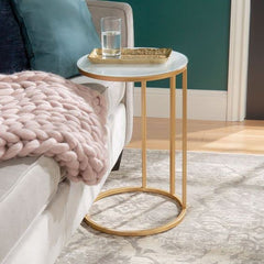 Premium Round Side Table for Small Spaces Nightstand with Golden Metal Finish