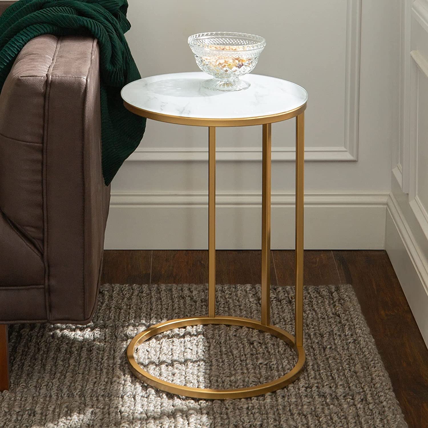 Premium Round Side Table for Small Spaces Nightstand with Golden Metal Finish